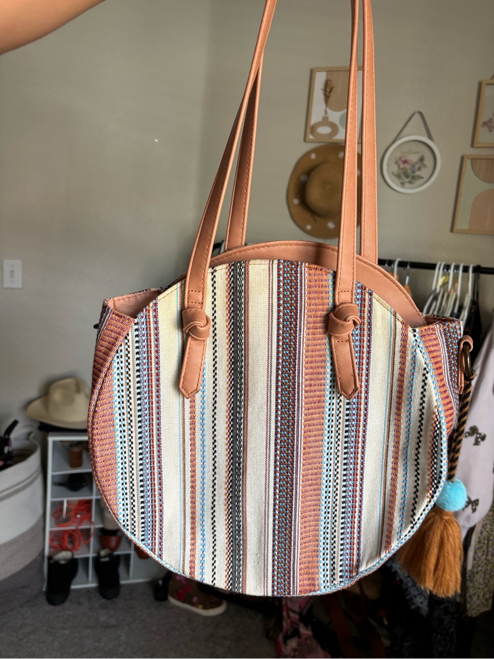 Boho Striped Round Tote Bag in Tan and Cream